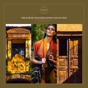 以下が含まれることがあります： Ceylon Archiveによる「The Kodak Film Emulation Collection」というタイトルのデジタル製品カバー。ライオンが装飾された黄色の建築ディテール、オレンジ色のスカーフを身に着けた人物、風化した木製のドアという3つの垂直パネルで構成されています。