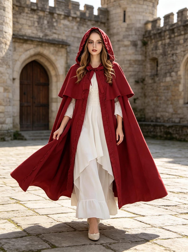 Women Medieval Ruffled Hooded Cloak, Green Renaissance Cape With ...