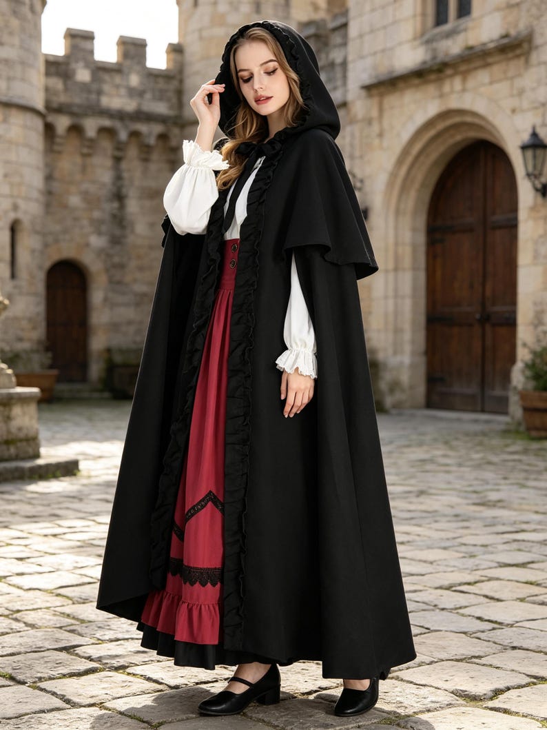 Women Medieval Ruffled Hooded Cloak, Green Renaissance Cape With ...