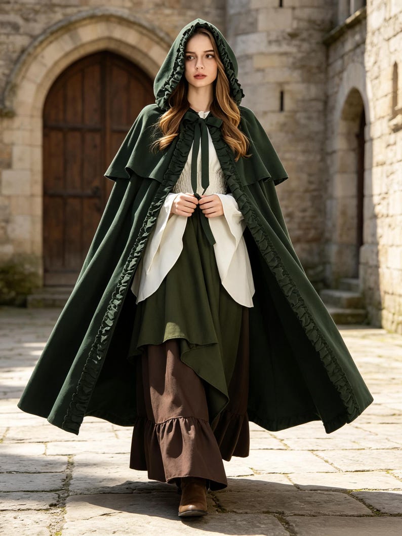 Women Medieval Ruffled Hooded Cloak, Green Renaissance Cape With ...