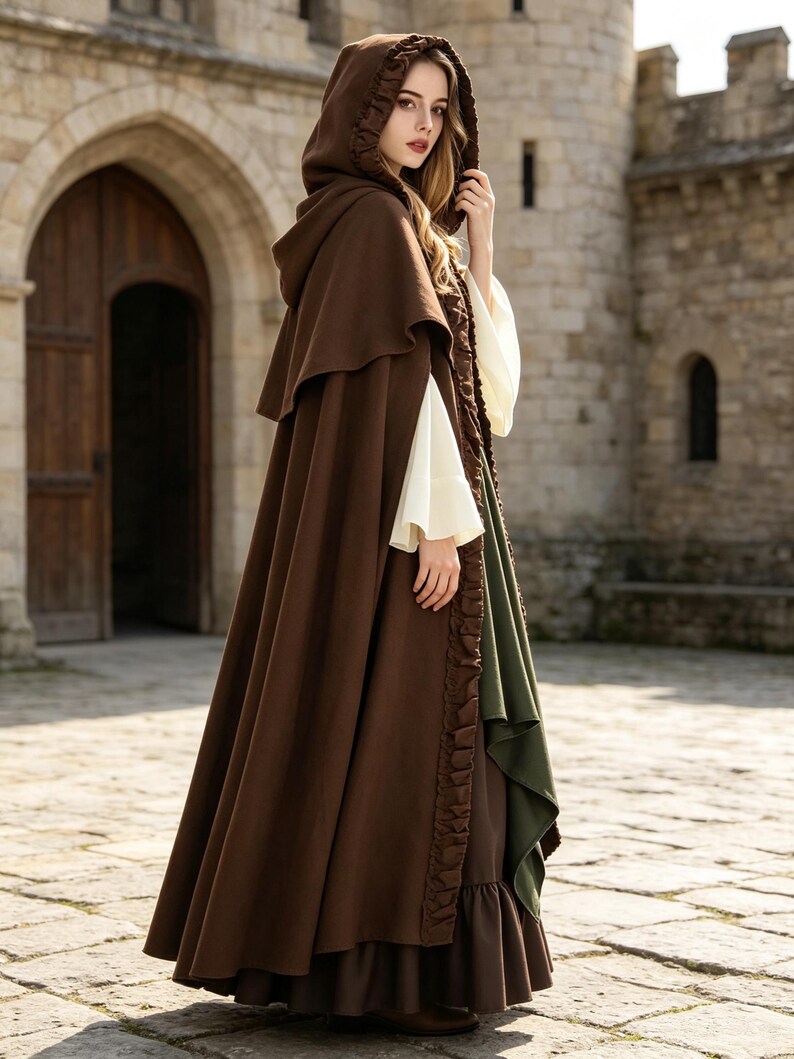 Women Medieval Ruffled Hooded Cloak, Green Renaissance Cape With ...