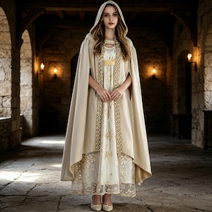 May include: A floor-length beige hooded cloak featuring intricate gold embroidery along the front edges, worn over a cream-coloured dress with a gold waistband and delicate floral lace detailing on the skirt, reaching down to the floor.