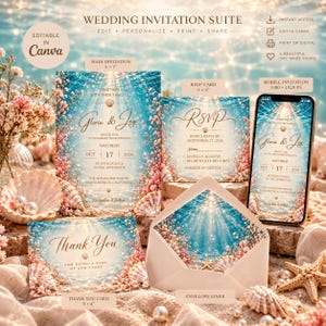 May include: A wedding invitation suite featuring a blue ocean-themed design with coral, seashells, and starfish. The set includes a 5x7 main invitation, a 5x4 RSVP card, a 5x4 thank you card, an envelope liner, and a mobile invitation display.
