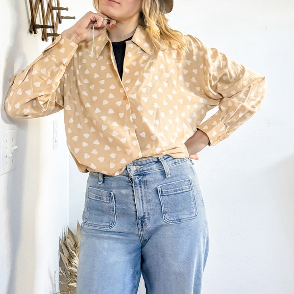 Beige Silk Heart Print Blouse