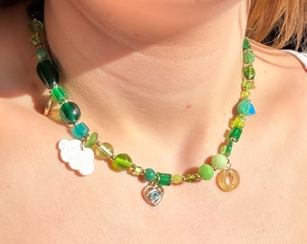 Green Glass Charm Short Necklace Layering Choker