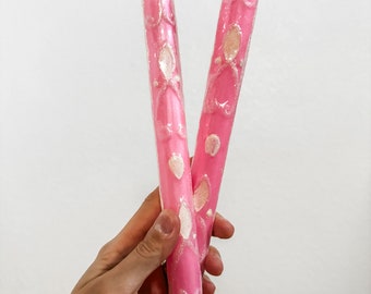 Pink White Glitter Taper Candles