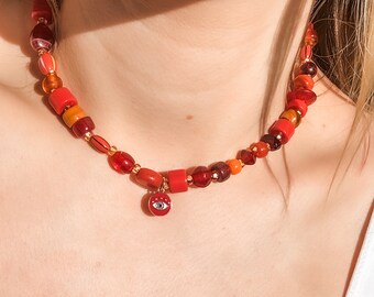 Red Glass & Ceramic Evil Eye Short Necklace Layering Choker