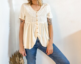 Beige Cotton Crochet Tiered Top