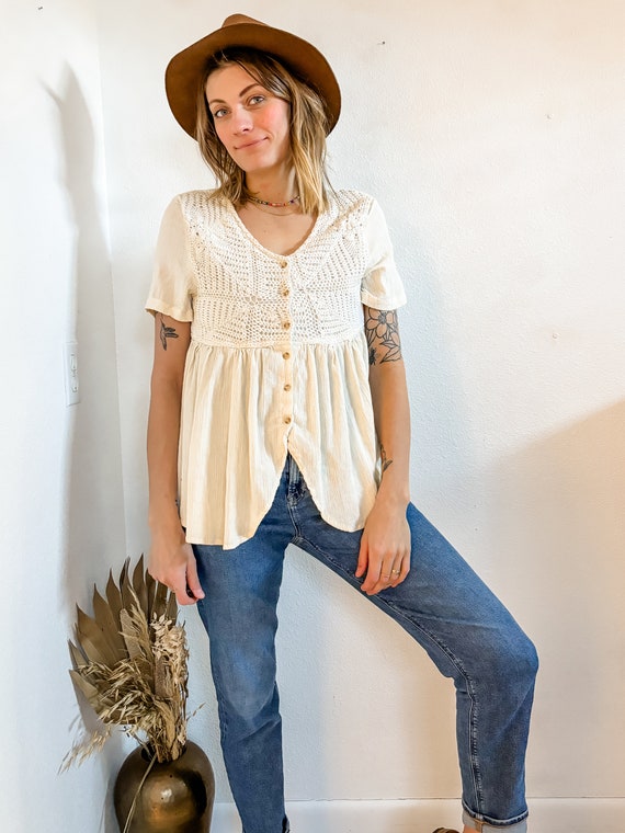 Beige Cotton Crochet Tiered Top