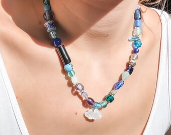 Blue Glass Bead Cloud Charm Necklace