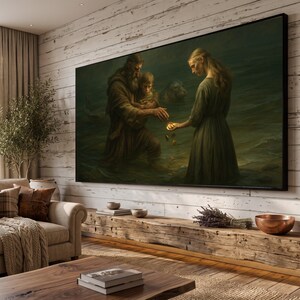 Emotional Family Moment Canvas, Father and Son Art, Dramatic Sea Scene, Woman with Gold Coins, Seal Water Canvas Wall Decor