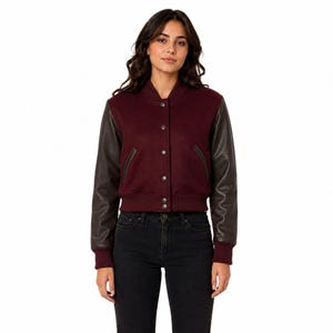 Vintage Leather Varsity Jacket Burgundy Wool Bomber Coat With Leather Sleeves For Women