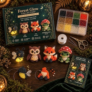 May include: A Forest Glow Collection 4-piece DIY beaded animal kit including a box, a divided container of colorful beads, a spool of thread, scissors, and instruction cards. The kit features a firefly, owl, fox, and mushroom frog designs.