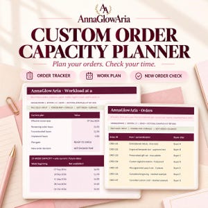 Op de afbeelding: Een digitale planner voor bestelcapaciteit van AnnaGlowAria met twee schermen die werkbelasting- en ordertabellen weergeven. De interface bevat secties voor besteluren, wekelijkse capaciteit en een lijst met order-ID's met personalisatiegegevens.