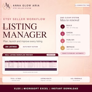 Può includere: Una dashboard digitale per venditori Etsy intitolata Listing Manager con un'anteprima del flusso di lavoro, che include sezioni per build, check, publish e improve. L'interfaccia presenta 12 schede collegate, 200 inserzioni ed è progettata per Microsoft Excel.