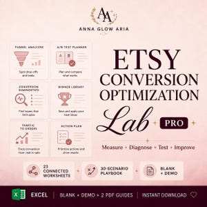 Puede incluir: Un conjunto de herramientas digitales Etsy Conversion Optimization Lab Pro que incluye analizador de embudos, planificador de pruebas A/B, diagnóstico de conversión, biblioteca de ganadores, tráfico a pedidos y plan de acción. Incluye 23 hojas de cálculo.