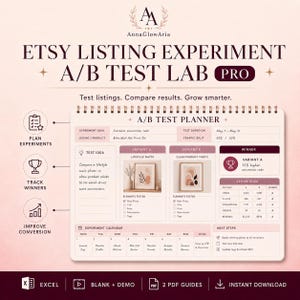 May include: A spiral-bound A/B Test Planner for Etsy listings with sections for experiment goals, test ideas, variant comparisons, key metrics, and an experiment calendar. The document features a soft pink and dark maroon color scheme with icons.