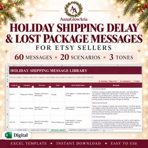 May include: A digital Excel template for Etsy sellers titled Holiday Shipping Delay & Lost Package Messages, featuring 60 templates across 20 scenarios and 3 tones. The spreadsheet displays columns for Reply ID, Category, Scenario, Tone, and Message.