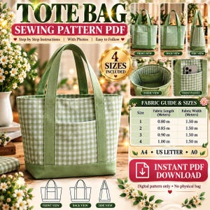 May include: A tote bag sewing pattern PDF featuring a green and white gingham fabric design. The image displays the bag from front, back, and side views, includes a fabric guide table with measurements in meters, and indicates 4 sizes included.