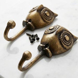 Op de afbeelding: Twee wandhaken van metaal in antieke messingkleur, elk met een gedetailleerd ontwerp van een uilenkop met opvallende ronde ogen en een gebogen haak die uit de basis steekt. Vier kleine zwarte metalen montageschroeven liggen tussen de haken.