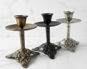 4" Ornate Brass Candlestick Holder with Flared Bell Cup and Wide Drip Dish, Decorative Candle Holder, Antique Brass, Silver or Black Finish