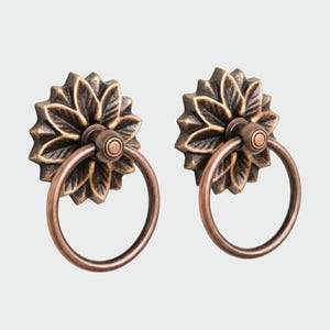 Könnte beinhalten: Zwei passende Schubladengriffe mit einer kreisförmigen Rückplatte und einem dimensionalen, mehrblättrigen Blumendesign in antikem Bronze-Finish. Jeder Griff verfügt über einen glatten, runden Metallring als Griffstück.