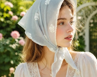 Transparent rose embroidered triangle scarf,light chiffon fabric,delicate lace trim,retro country style headscarf, elegant floral neck scarf