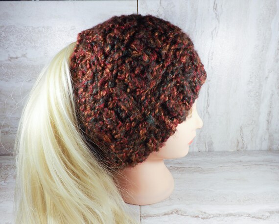 Dark Hand Knit Red Messy Bun Hat High Ponytail Beanie Messy Etsy