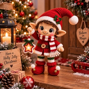 May include: A crocheted elf doll wearing a red and white hat with a holly accent, a matching red coat with a wooden button, a striped scarf, and red boots with gold bells. The elf holds a small, glowing, star-shaped ornament in one hand.