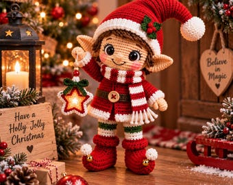 May include: A crocheted elf doll wearing a red and white hat with a holly accent, a matching red coat with a wooden button, a striped scarf, and red boots with gold bells. The elf holds a small, glowing, star-shaped ornament in one hand.