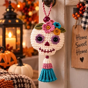May include: A crocheted sugar skull ornament featuring a cream-colored base, purple eye sockets, a dark red nose, and a stitched mouth. It is adorned with pink, blue, and yellow crocheted flowers, green leaves, and a multi-colored tassel at the bottom.