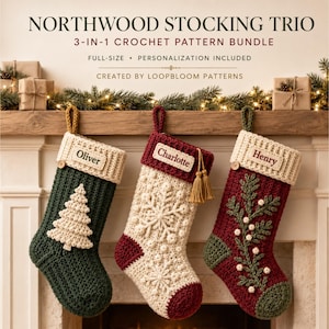 May include: Three crocheted Christmas stockings labeled Northwood Stocking Trio 3-in-1 Crochet Pattern Bundle. The stockings feature personalized names Oliver, Charlotte, and Henry, with designs including a tree, snowflake, and berry sprig.