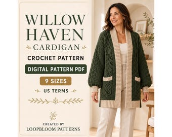 Willow Haven Cardigan Crochet Pattern, Oversized Pocket Sweater, Balloon Sleeve (Digital PDF)
