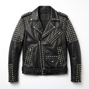 Chaqueta de motociclista de cuero negro para hombre con tachuelas / Chaqueta de motociclista con tachuelas plateadas
