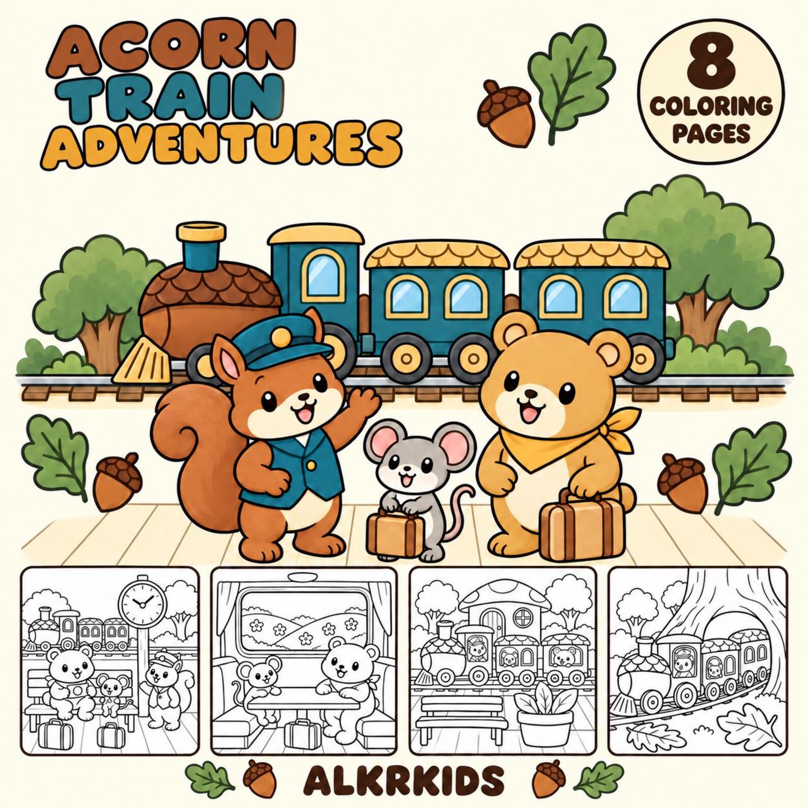 Acorn Train Adventures: 8 Printable Train Coloring Pages (digital ...