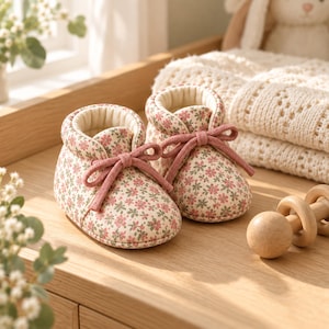 May include: A pair of baby booties featuring a cream-coloured fabric with a small floral pattern in pink and green. The booties have a rounded toe, a padded collar, and thick, dusty pink laces tied in a bow at the front of each shoe.