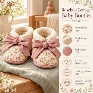 May include: Rosebud Cottage Baby Booties featuring a floral fabric upper, a plush ivory cuff, and a pink bow. The product includes a soft fabric sole, comes in 5 sizes from FL09 to FL13, and is available as a sewing pattern PDF in English, German, and Spanish.