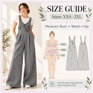 Puede incluir: Una guía de tallas para un peto gris de pierna ancha con el texto SIZE GUIDE, Sizes XXS-2XL, Measure Bust, Waist, Hip y Use the body measurement chart inside the PDF. El gráfico incluye un diagrama de una figura y la prenda.