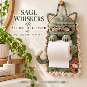 Häkelanleitung für eine Katzen-Toilettenpapierrollenhalterung mit Salbei-Schnurrhaaren (PDF-Download)
