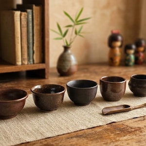 Juego de ceremonia del té japonés de cerámica vintage de 5 piezas, tazas de sake Yunomi de gres Kuro Bizen Tenmoku hechas a mano con estilo Wabi Sabi, regalo para amantes del té.