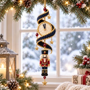 May include: A crocheted Christmas ornament featuring a nutcracker figure in a red, blue, and gold uniform suspended below a clock face. The clock is wrapped in a dark blue crocheted ribbon with gold star charms and red beads hanging from it.