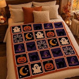 Puede incluir: Una manta de ganchillo rectangular que presenta una cuadrícula de motivos cuadrados con diseños temáticos de Halloween, incluyendo calabazas naranjas, fantasmas blancos, gatos negros, sombreros de bruja morados, murciélagos negros y lunas.