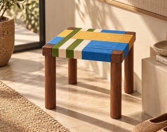 Colorful Woven Wooden Stool, Walnut Brown Frame, Geometric Rope Seat, Modern Boho Accent Furniture