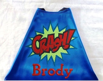 Kids Cape Embroidered Super Hero CRASH Cape Personalized with Monogram Royal Blue