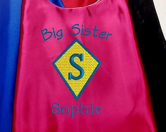 Big SisterSuper Hero Cape,  Embroidered Big Sister Cape Personalized with Name and Initial Hot Pink  Proudly Made in USA