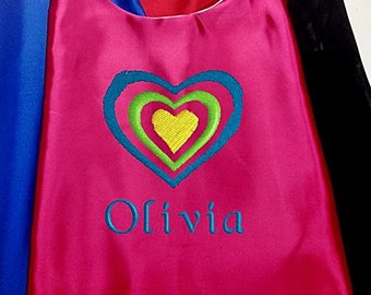 Super Hero Cape,  Embroidered Heart Design Personalized with Name Hot Pink  Proudly Made in USA