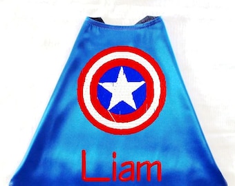 Boy's Cape,  Embroidered Captain America Cape Personalized with Monogram Royal Blue