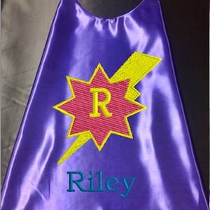 Super Hero kid&#39;s Cape,  Monogram Lightning Bolt Superhero Cape, Girls Cape, Purple  Embroidered Personalized