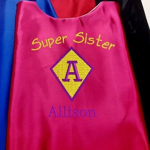 Sister cape Super Hero Cape,  Embroidered Super Sister Cape Personalized with Name and Initial Hot Pink  Proudly Made in USA
