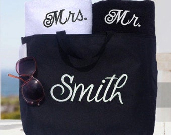 Couples Gift Towel Tote Set, Personalized Mr. Mrs. Towels, Bride Groom Gift, Beach, Bath, Pool Towels